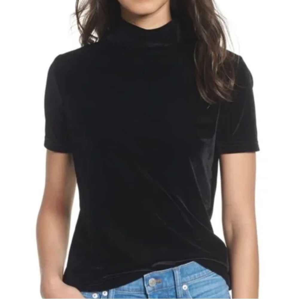 Madewell Black Velvet Mockneck Tee Velour Turtleneck Crop Top Shirt